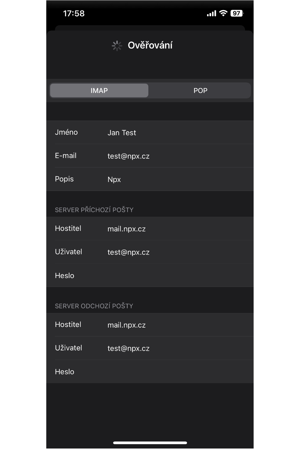 Nastavení IMAP serveru – ověřování