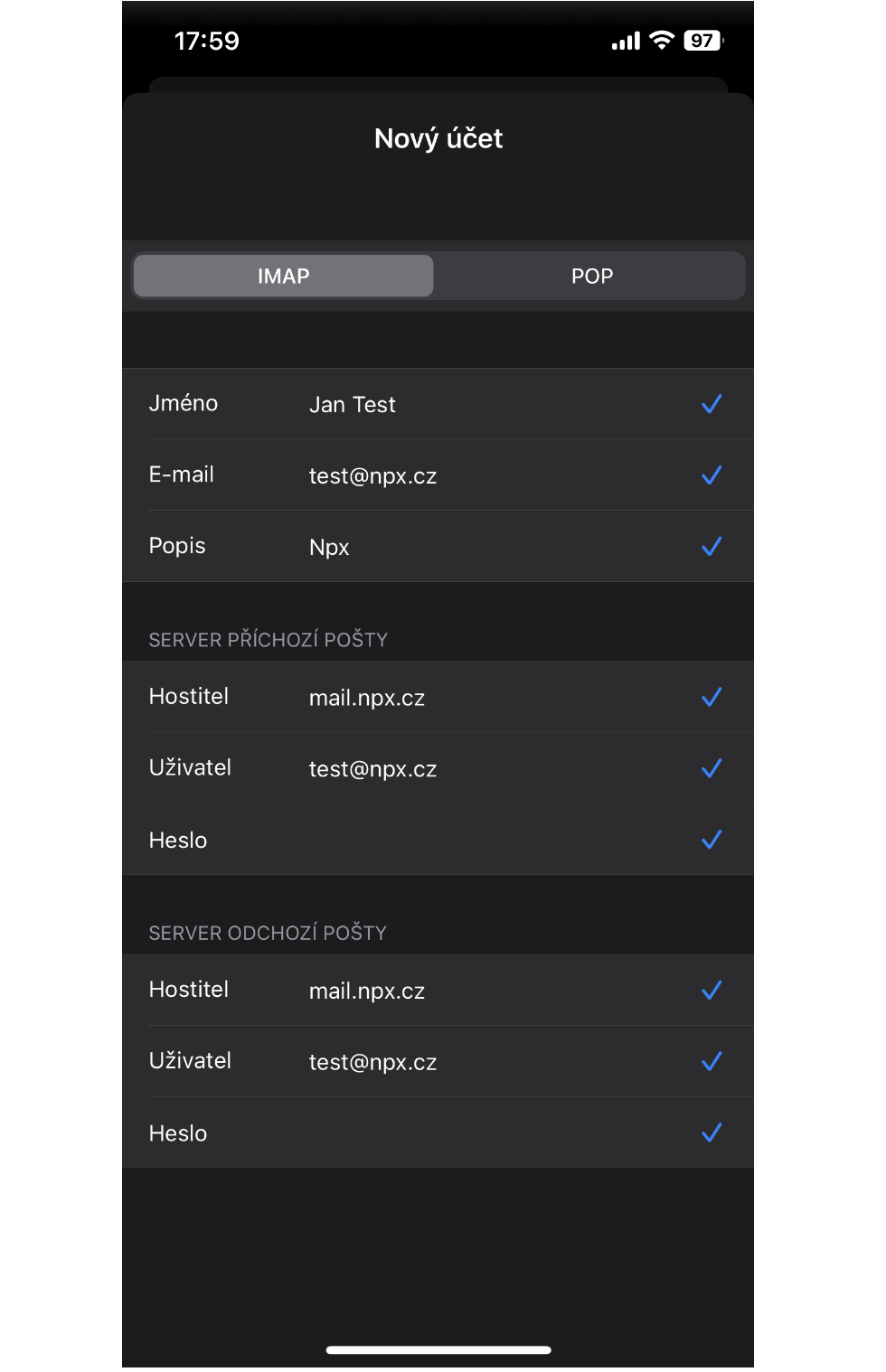 Nastavení IMAP serveru – hotovo